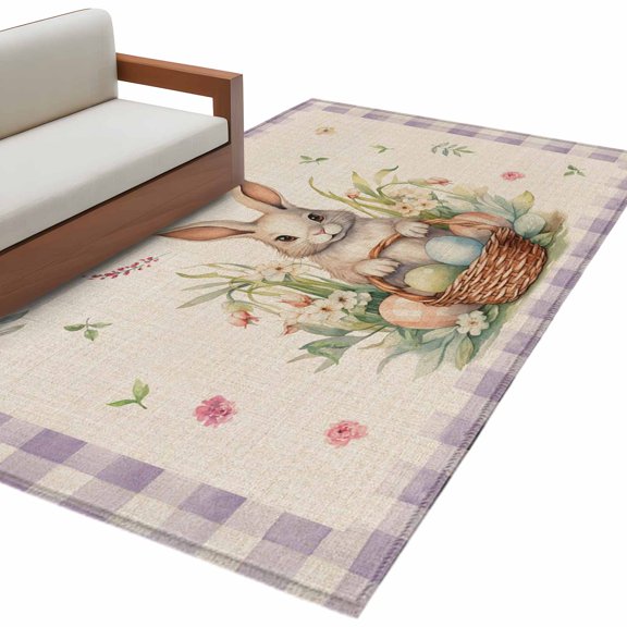 Rectangle Area Rug 4x6ft, Happy Easter Cute Bunny Egg Non-Slip Non-Shedding Floor Mat, Spring Floral Purple Grid on Flax Washable Sturdy Carpet for Living Room Bedroom Home Decor