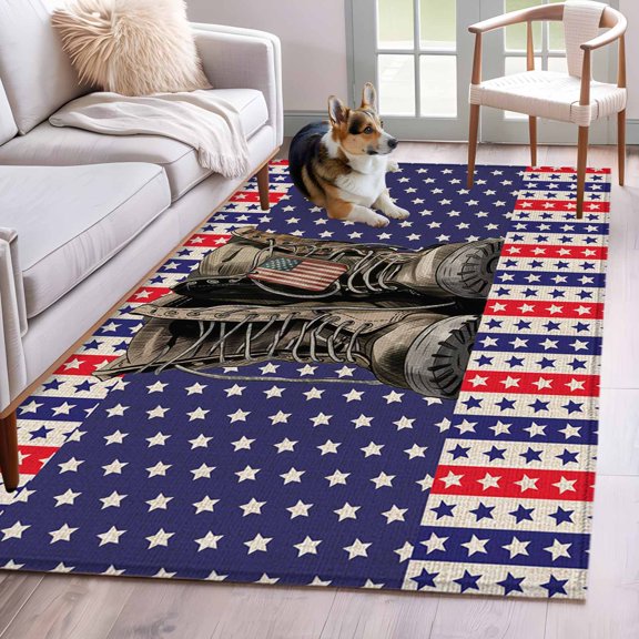 Rectangle Area Rug 4x6ft, Independence Day American Flag Non-Slip Non-Shedding Floor Mat, Retro Military Boots Washable Sturdy Carpet for Living Room Bedroom Home Decor