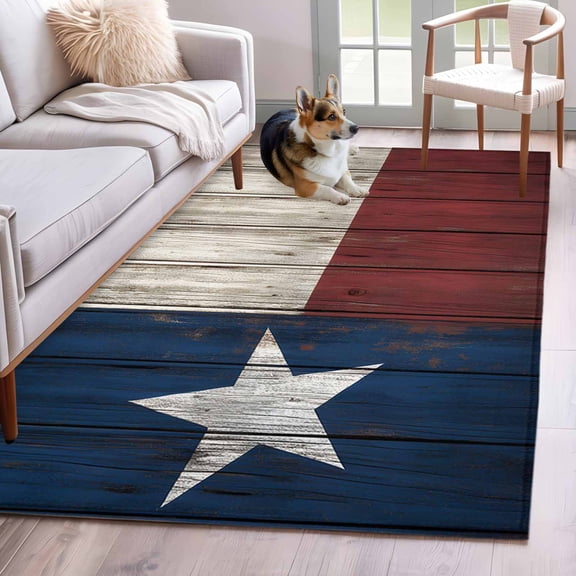 Rectangle Area Rug 4x6ft, Independence Day USA State Flag Star Non-Slip Non-Shedding Floor Mat, Retro Farm Wood Grain Washable Sturdy Carpet for Living Room Bedroom Home Decor