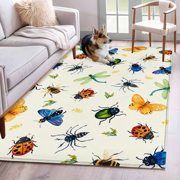 Rectangle Area Rug 4x6ft, Insects Ladybirds Spiders Non-Slip Non-Shedding Floor Mat, Dragonflies Butterflies Washable Sturdy Carpet for Living Room Bedroom Home Decor