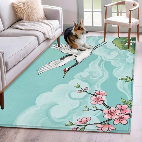 Rectangle Area Rug 4x6ft, Japanese Cherry Blossoms Cranes Non-Slip Non-Shedding Floor Mat, Pineapple Clouds Washable Sturdy Carpet for Living Room Bedroom Home Decor
