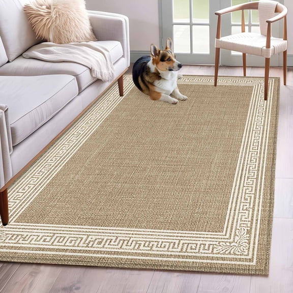 Rectangle Area Rug 4x6ft, Key Design Vintage Light Brown Non-Slip Non-Shedding Floor Mat, Greece Inspired Pattern Flax Washable Sturdy Carpet for Living Room Bedroom Home Decor
