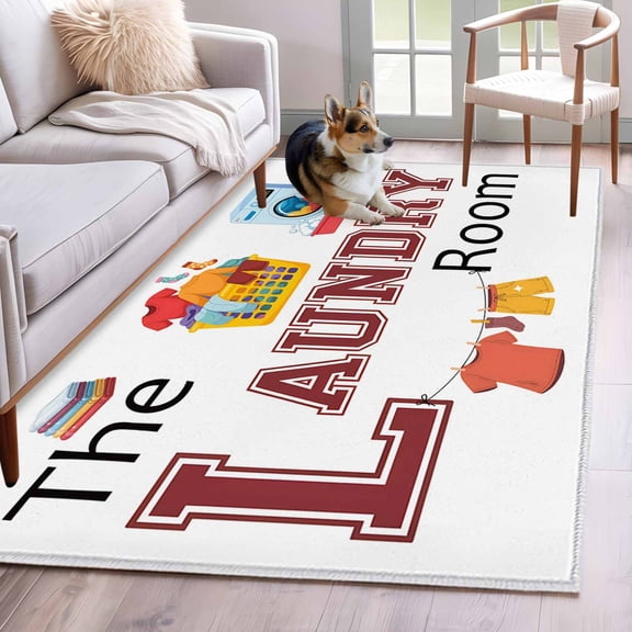 Rectangle Area Rug 4x6ft, Laundry Room Cloth Pant Washing Machine Non-Slip Non-Shedding Floor Mat, Cartoon Style Washable Sturdy Carpet for Living Room Bedroom Home Decor