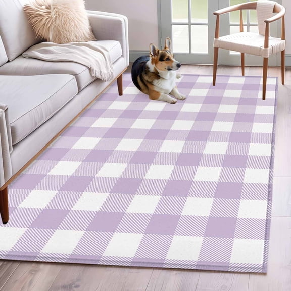 Rectangle Area Rug 4x6ft, Lavender Purple Grid Non-Shedding Washable Area Rug, Farm Pastoral Theme Non Slip Low-Profile Rugs for Living Room, Bedroom Dining Room