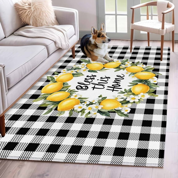 Rectangle Area Rug 4x6ft, Lemon Fruit Floral Black White Buffalo Non-Slip Non-Shedding Floor Mat, Farmhouse Rustic Theme Washable Sturdy Carpet for Living Room Bedroom Home Decor