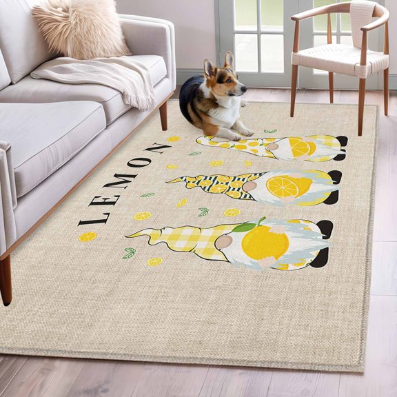 Rectangle Area Rug 4x6ft, Lemon Leaf Dwarf Non-Slip Non-Shedding Floor Mat, Retro Summer Pastoral Harvest Washable Sturdy Carpet for Living Room Bedroom Home Decor