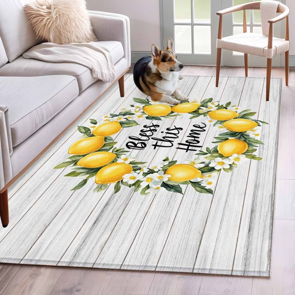 Rectangle Area Rug 4x6ft, Lemon Summer Flower Watercolor Non-Slip Non-Shedding Floor Mat, Bless Home Quote Farm Wood Grain Washable Sturdy Carpet for Living Room Bedroom Home Decor