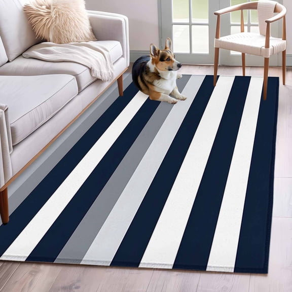 Rectangle Area Rug 4x6ft, Minimalist Art Horizontal Stripe Non-Slip Non-Shedding Floor Mat, Modern Blue Gray White Line Washable Sturdy Carpet for Living Room Bedroom Home Decor