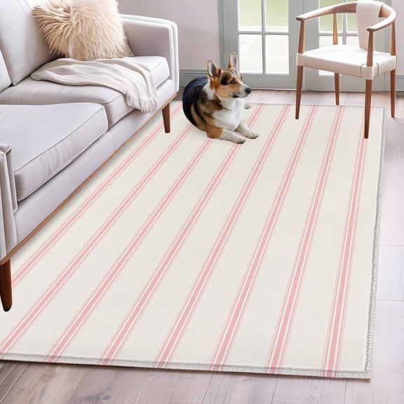 Rectangle Area Rug 4x6ft, Minimalist Pink Stripe on Beige Non-Slip Non-Shedding Floor Mat, Modern Pinstripes Line Art Washable Sturdy Carpet for Living Room Bedroom Home Decor
