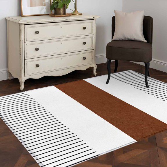 Rectangle Area Rug 4x6ft,Minimalist Rustic Boho Ethnic Art Washable Carpet Non-Slip Runner Accent Rugs Indoor Floor Mat for Bedroom Living Room Decor,Modern Brown Stripe on White