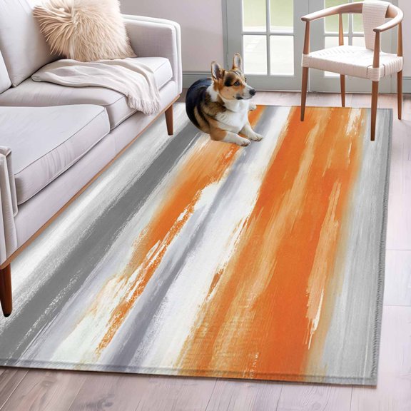 Rectangle Area Rug 4x6ft, Modern Abstract Canvas Art Non-Slip Non-Shedding Floor Mat, Orange Gray Striped Washable Sturdy Carpet for Living Room Bedroom Home Decor