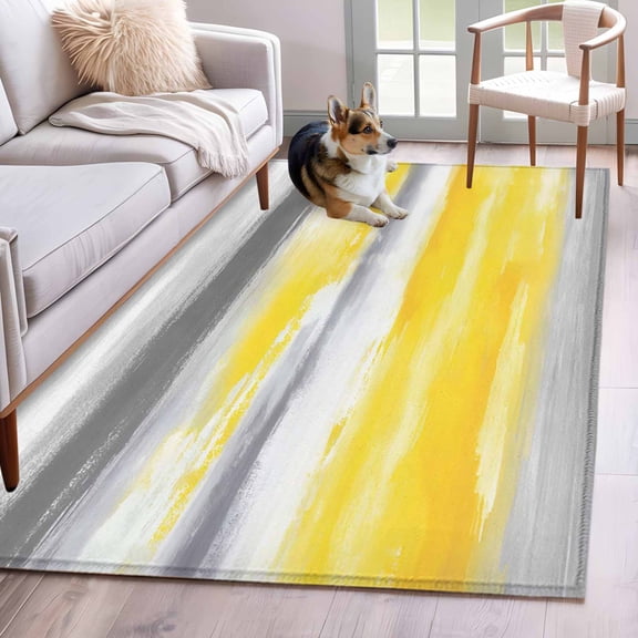 Rectangle Area Rug 4x6ft, Modern Abstract Canvas Art Non-Slip Non-Shedding Floor Mat, Yellow Gray Striped Washable Sturdy Carpet for Living Room Bedroom Home Decor