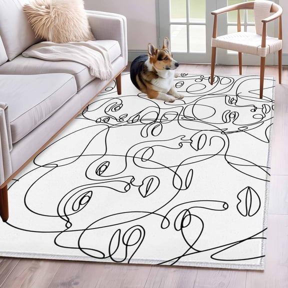 Rectangle Area Rug 4x6ft, Modern Character Face Abstract Line Arts Non-Slip Non-Shedding Floor Mat, White Washable Sturdy Carpet for Living Room Bedroom Home Decor
