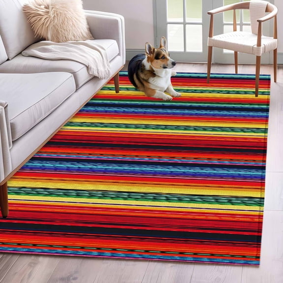 Rectangle Area Rug 4x6ft, Modern Colorful Mexican Stripe Non-Shedding Washable Area Rug, Boho Gradient Rainbow Line Non Slip Low-Profile Rugs for Living Room, Bedroom Dining Room