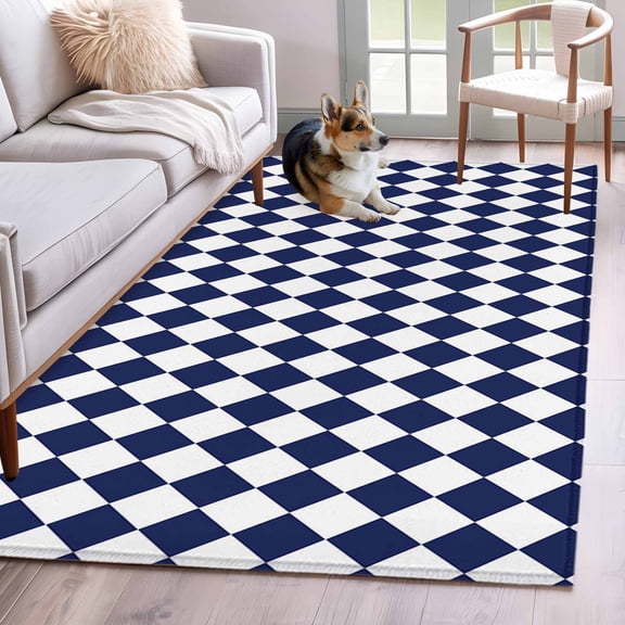 Rectangle Area Rug 4x6ft, Modern Geometric Buffalo Plaid Non-Shedding Washable Area Rug, Abstract Blue White Diamond Non Slip Low-Profile Rugs for Living Room, Bedroom Dining Room