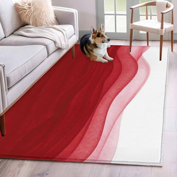 Rectangle Area Rug 4x6ft, Modern Red Gradient Stripe Non-Shedding Washable Area Rug, Ocean Wave Ombre Theme Non Slip Low-Profile Rugs for Living Room, Bedroom Dining Room