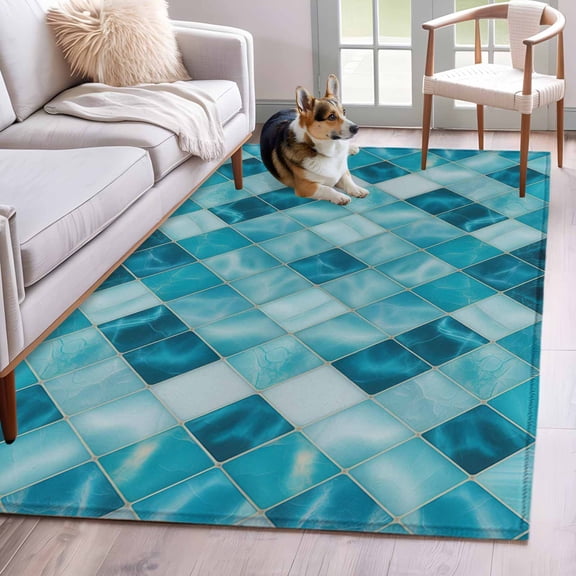 Rectangle Area Rug 4x6ft, Modern Teal Blue Diamond Non-Slip Non-Shedding Floor Mat, Geometric Line Buffalo Plaid Washable Sturdy Carpet for Living Room Bedroom Home Decor