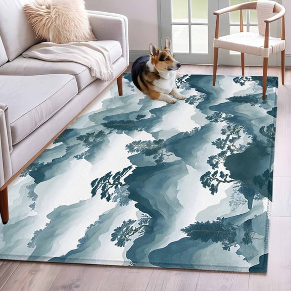 Rectangle Area Rug 4x6ft, Mountain Garden Chinese Style Non-Slip Non-Shedding Floor Mat, Chinoiserie Asian Scenic Washable Sturdy Carpet for Living Room Bedroom Home Decor