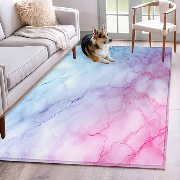 Rectangle Area Rug 4x6ft, Natural Marble Agate Stone Texture Non-Shedding Washable Area Rug, Pink Blue Gradient Non Slip Low-Profile Rugs for Living Room, Bedroom Dining Room
