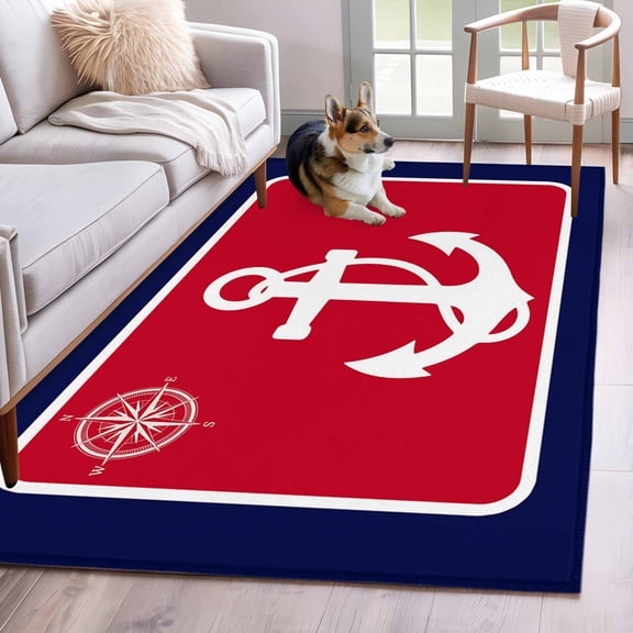 Rectangle Area Rug 4x6ft, Nautical Anchor Compass Marine Theme Non-Slip Non-Shedding Floor Mat, Red Blue White Washable Sturdy Carpet for Living Room Bedroom Home Decor