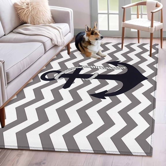 Rectangle Area Rug 4x6ft, Nautical Anchor Dark Blue Non-Shedding Washable Area Rug, Grey Zigzag Chevron Non Slip Low-Profile Rugs for Living Room, Bedroom Dining Room