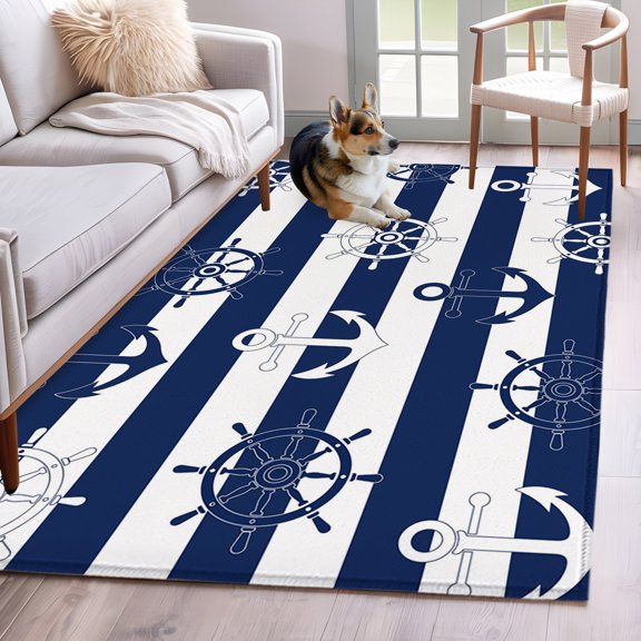 Rectangle Area Rug 4x6ft, Nautical Compass Anchor Non-Slip Non-Shedding Floor Mat, Coastal Ocean Navy Blue White Stripe Washable Sturdy Carpet for Living Room Bedroom Home Decor
