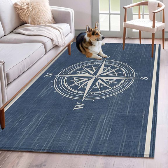 Rectangle Area Rug 4x6ft, Nautical Compass on Blue Non-Shedding Washable Area Rug, Vintage Ocean Theme Non Slip Low-Profile Rugs for Living Room, Bedroom Dining Room