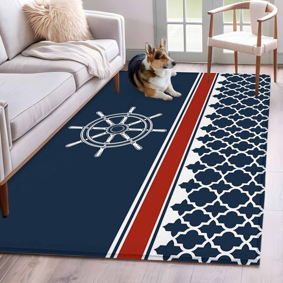 Rectangle Area Rug 4x6ft, Nautical Compass Retro Geometric Non-Slip Non-Shedding Floor Mat, Red and White Stripes Washable Sturdy Carpet for Living Room Bedroom Home Decor