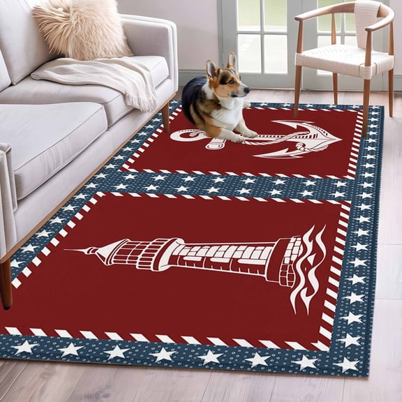 Rectangle Area Rug 4x6ft, Nautical Sailing Anchor Compass Non-Slip Non-Shedding Floor Mat, Lighthouse Star Blue Red Washable Sturdy Carpet for Living Room Bedroom Home Decor