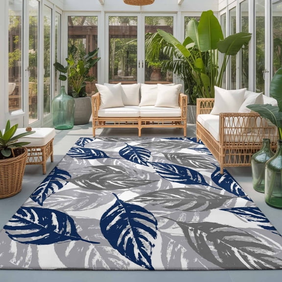 Rectangle Area Rug 4x6ft,Navy Blue Gray Leaves Texture Living Room Rug Non-Slip Washable Circle Rugs Pad,Botanical Leaf Foliage Soft Floor Carpet for Bedroom Dining Room