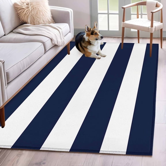Rectangle Area Rug 4x6ft, Navy Blue Stripe Summer Nautical Theme Non-Slip Non-Shedding Floor Mat, White Geometric Lines Washable Sturdy Carpet for Living Room Bedroom Home Decor