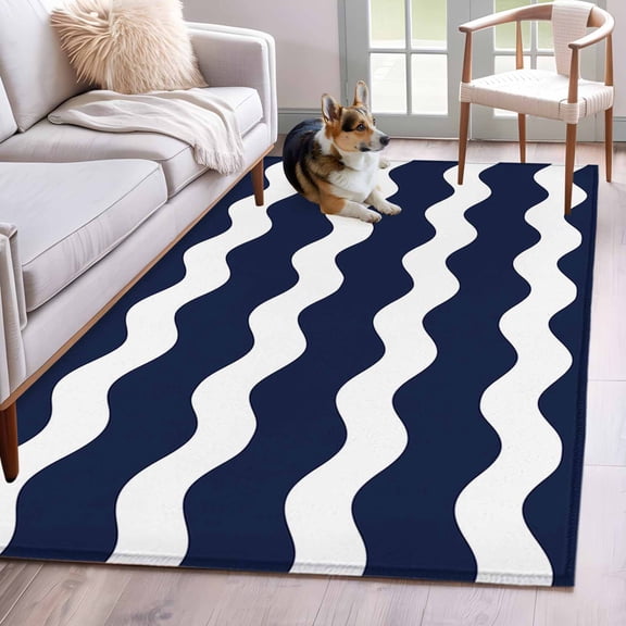 Rectangle Area Rug 4x6ft, Navy Blue White Waves Ripple Non-Slip Non-Shedding Floor Mat, Zigzag Abstract Geometric Art Washable Sturdy Carpet for Living Room Bedroom Home Decor