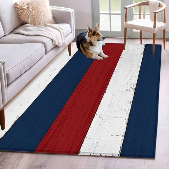 Rectangle Area Rug 4x6ft, Navy Vintage Barn Wood Board Non-Slip Non-Shedding Floor Mat, Rustic Blue Red White Plank Washable Sturdy Carpet for Living Room Bedroom Home Decor