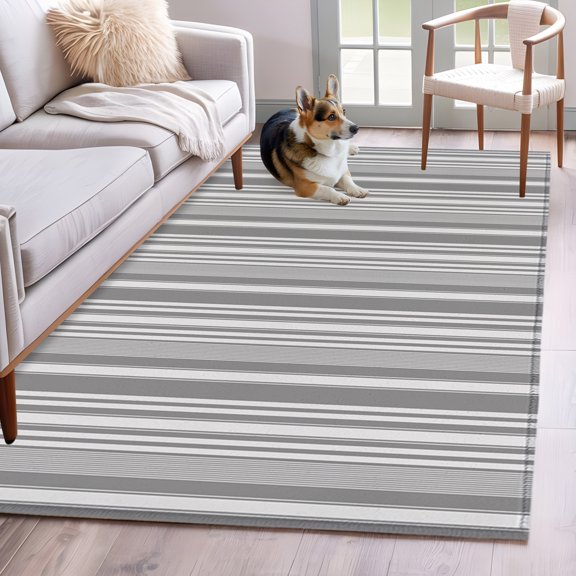 Rectangle Area Rug 4x6ft, Neutral Textured Striped Non-Shedding Washable Area Rug, Light Grey Thin Stripe Pattern Non Slip Low-Profile Rugs for Living Room, Bedroom Dining Room