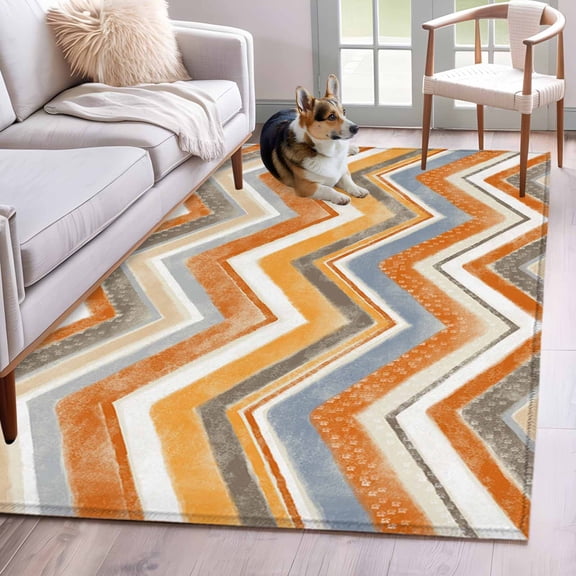 Rectangle Area Rug 4x6ft, Northern Europe Orange Zigzag Pattern Non-Shedding Washable Area Rug, Retro Abstract Geometric Art Non Slip Low-Profile Rugs for Living Room, Bedroom Dining Room