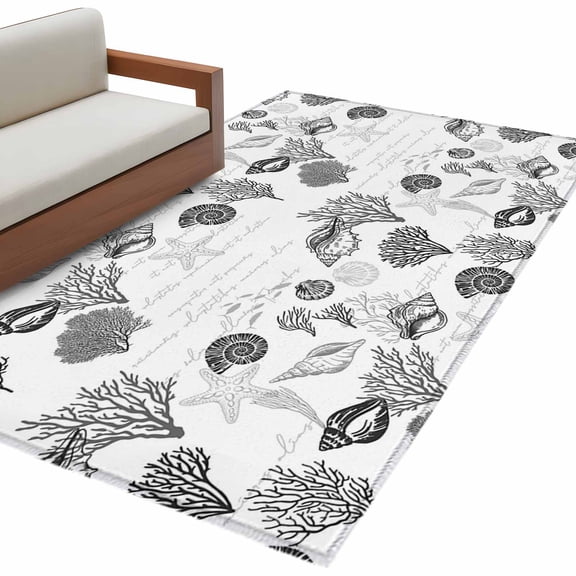 Rectangle Area Rug 4x6ft, Ocean Grey Shell Coral Starfish Non-Slip Non-Shedding Floor Mat, Abstract Marine Life Washable Sturdy Carpet for Living Room Bedroom Home Decor