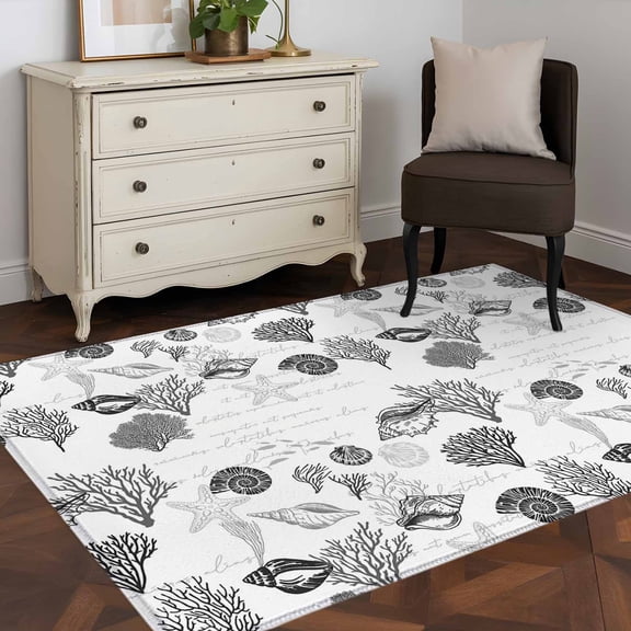 Rectangle Area Rug 4x6ft,Ocean Grey Shell Coral Starfish Washable Carpet Non-Slip Runner Accent Rugs Indoor Floor Mat for Bedroom Living Room Decor,Abstract Marine Life