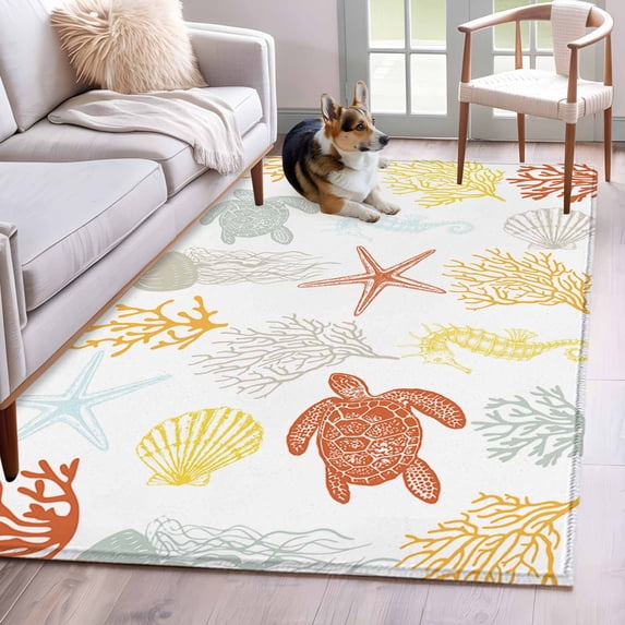 Rectangle Area Rug 4x6ft, Ocean Sea Turtles Coastal Coral Non-Shedding Washable Area Rug, Summer Starfish Beach Shells Non Slip Low-Profile Rugs for Living Room, Bedroom Dining Room