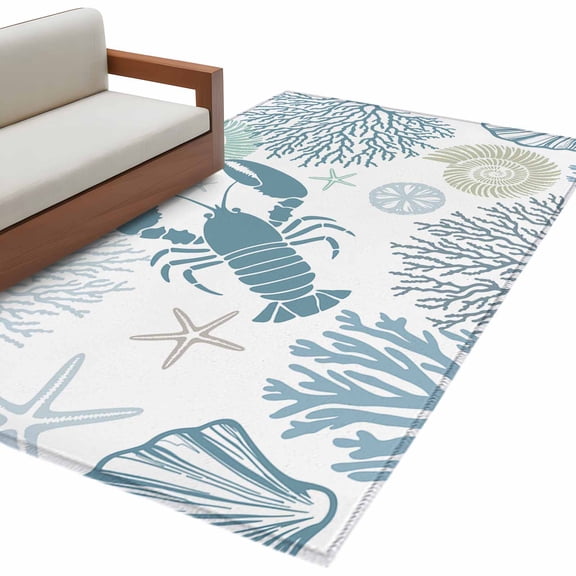 Rectangle Area Rug 4x6ft, Ocean Teal Blue Lobster Coral Starfish Non-Slip Non-Shedding Floor Mat, Coastal Marine Life Washable Sturdy Carpet for Living Room Bedroom Home Decor