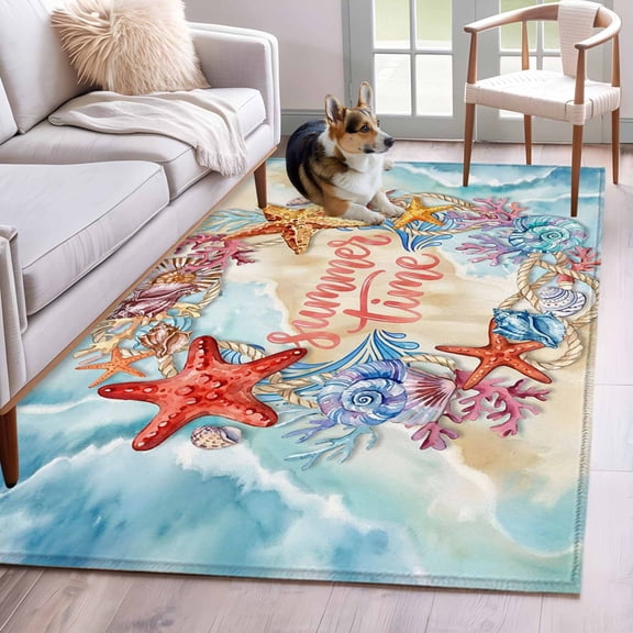 Rectangle Area Rug 4x6ft, Ocean Theme Starfish Conch Coral Non-Slip Non-Shedding Floor Mat, Summer Time Beach Shell Washable Sturdy Carpet for Living Room Bedroom Home Decor