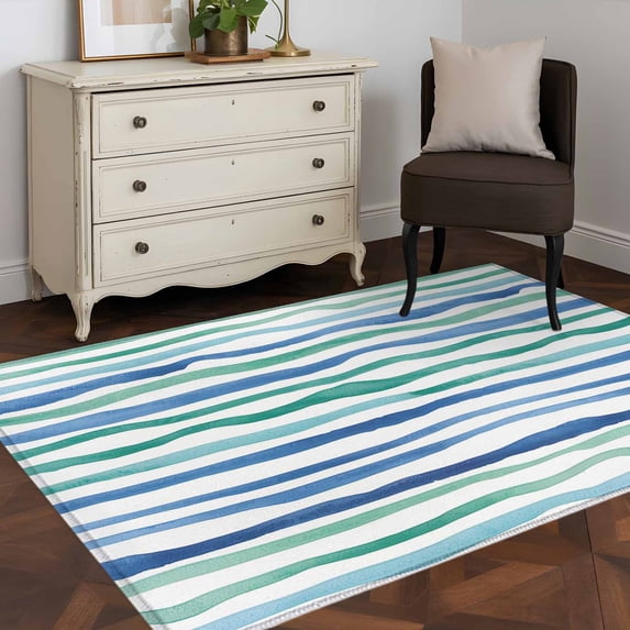 Rectangle Area Rug 4x6ft,Oceans Style Striped Washable Carpet Non-Slip Runner Accent Rugs Indoor Floor Mat for Bedroom Living Room Decor,Blue-green Geometric Line