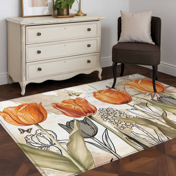 Rectangle Area Rug 4x6ft,Orange Tulip Flower Plants Washable Carpet Non-Slip Runner Accent Rugs Indoor Floor Mat for Bedroom Living Room Decor,Butterfly Vintage Map