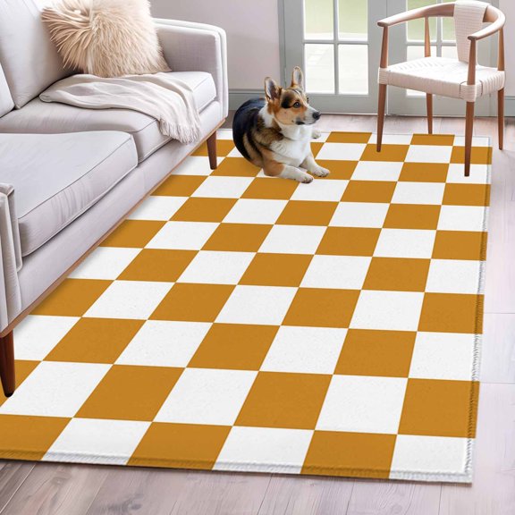 Rectangle Area Rug 4x6ft, Orange and White Checkered Non-Slip Non-Shedding Floor Mat, Classic Geometric Pattern Washable Sturdy Carpet for Living Room Bedroom Home Decor
