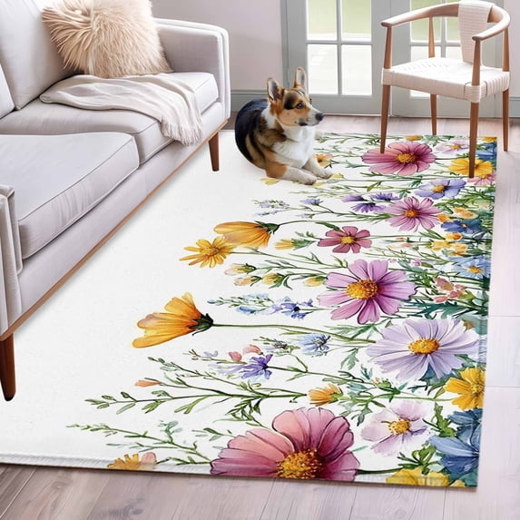 Rectangle Area Rug 4x6ft, Pastoral Colorful Wild Flower Non-Shedding Washable Area Rug, Summer Watercolor Plant Non Slip Low-Profile Rugs for Living Room, Bedroom Dining Room