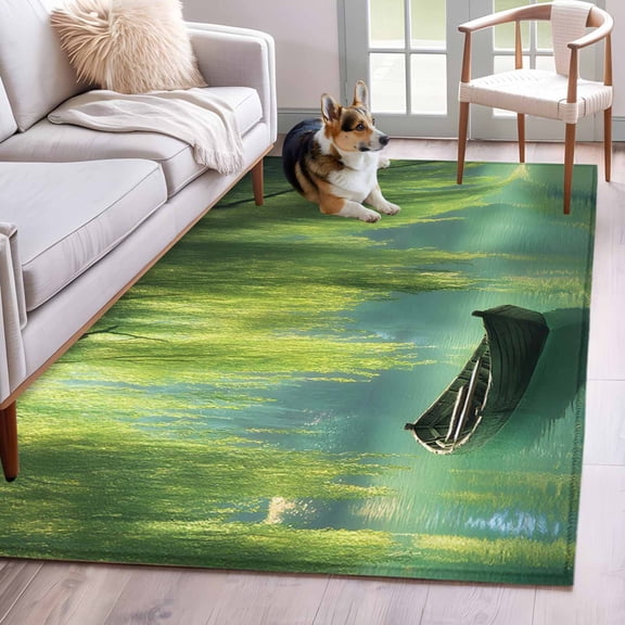 Rectangle Area Rug 4x6ft, Pastoral Green Leaves Lake Boat Tree Non-Slip Non-Shedding Floor Mat, Natural Scenery Washable Sturdy Carpet for Living Room Bedroom Home Decor