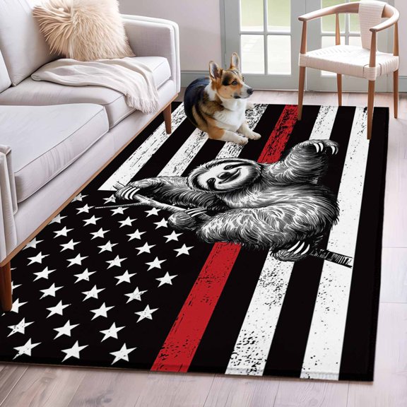 Rectangle Area Rug 4x6ft, Patriotic Stars and Stripes Koala Non-Slip Non-Shedding Floor Mat, USA Flag Red Line Animal Washable Sturdy Carpet for Living Room Bedroom Home Decor