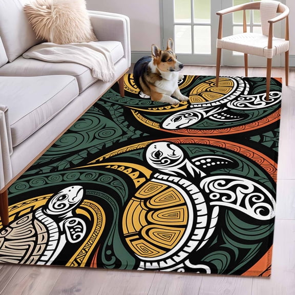 Rectangle Area Rug 4x6ft, Polynesia Sea Turtle Non-Shedding Washable Area Rug, Traditional Tribe Ocean Life Non Slip Low-Profile Rugs for Living Room, Bedroom Dining Room