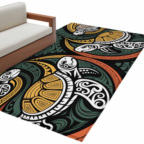 Rectangle Area Rug 4x6ft, Polynesia Sea Turtle Non-Slip Non-Shedding Floor Mat, Traditional Tribe Ocean Life Washable Sturdy Carpet for Living Room Bedroom Home Decor