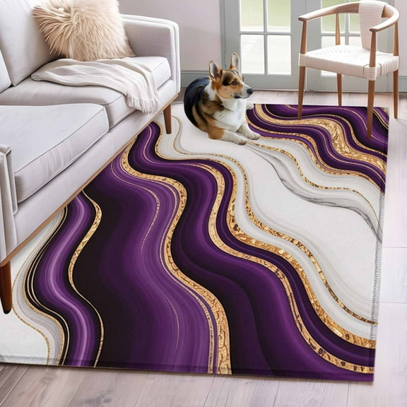 Rectangle Area Rug 4x6ft, Purple Marble Gold Inlay Non-Shedding Washable Area Rug, Abstract Geometric Stripes Non Slip Low-Profile Rugs for Living Room, Bedroom Dining Room