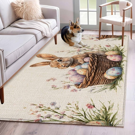 Rectangle Area Rug 4x6ft, Rabbit Easter Egg Basket on Linen Non-Shedding Washable Area Rug, Colorful Spring Flower Non Slip Low-Profile Rugs for Living Room, Bedroom Dining Room